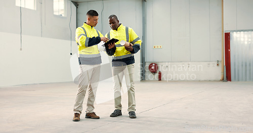 Image of Warehouse, tablet and men in discussion for planning, online and meeting in building. Logistics, shipping and contractors on digital tech for distribution, supply chain and storage factory inspection