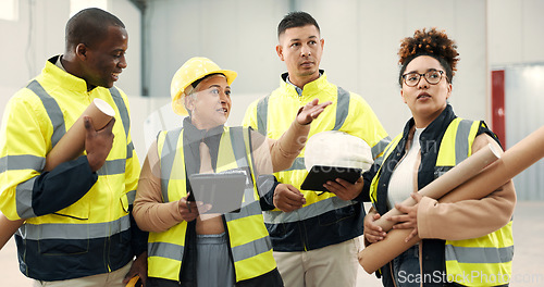 Image of Engineering group, teamwork and people planning in warehouse inspection, construction or building design. Industry manager on digital tablet for blueprint or floor plan with architecture renovation