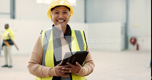 Image of Happy woman, portrait and senior engineer with tablet for warehouse inspection, inventory or storage. Mature female person, architect or contractor smile with technology and hat in safety management