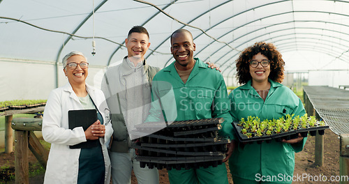 Image of Farmer, teamwork and people in greenhouse for agriculture, sustainability and gardening or farming with green plants. Food scientist, manager and people in happy portrait with eco friendly business