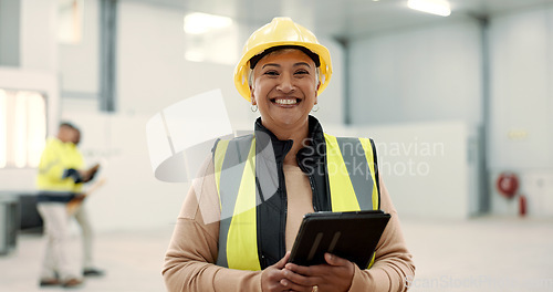 Image of Engineering, woman and tablet at warehouse or construction site for happy inspection or project management. Portrait of industrial and senior manager on digital technology and architecture planning