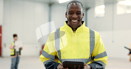 Image of Happy black man, portrait and engineer with tablet for warehouse inspection, inventory or storage. African male person, architect or contractor smile with technology for quality control or management