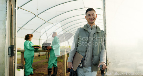 Image of Portrait, farmer or happy man at greenhouse at garden with checklist for organic vegetables, plant or growth. Clipboard, smile or person at nursery for agriculture, worker or business owner in Mexico