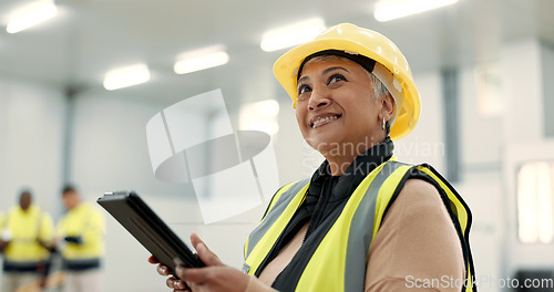 Image of Happy engineering, woman thinking and tablet for construction, planning building and renovation inspection. Senior manager with digital tech and checklist for warehouse ideas, project or architecture