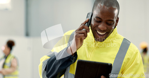 Image of Happy black man, engineer and phone call with tablet laughing for funny joke, meme or discussion at warehouse. African male person, architect or contractor smile on mobile smartphone for conversation