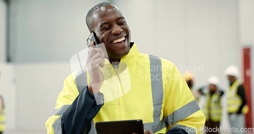 Image of Happy black man, engineer and phone call laughing with tablet for funny joke, meme or discussion at warehouse. African male person, architect or contractor smile on mobile smartphone for conversation