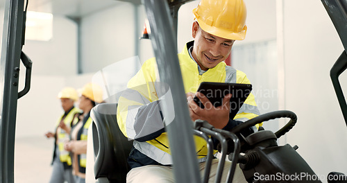 Image of Construction, tablet and man in forklift vehicle for maintenance, planning and renovation in building. Civil engineering, machine and contractor on digital tech for online design, project and report