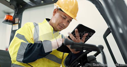 Image of Construction, tablet and man in forklift machine for maintenance, planning and renovation in building. Engineering, architecture and contractor on digital tech for online design, project and report