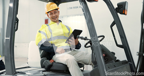Image of Construction, tablet and portrait of man in forklift machine for maintenance, planning and renovation. Engineering, architecture and contractor on digital tech for online design, building and report