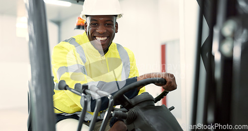 Image of Engineer man, forklift and smile in portrait for logistics, supply chain or working in warehouse. Employee, helmet and reflective gear for safety at shipping workshop in vehicle for transportation