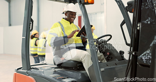 Image of Construction site, tablet and black man in forklift machine for maintenance, planning and building renovation. Logistics, shipping and contractor on digital tech for online report in warehouse