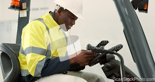 Image of Construction site, tablet and black man in forklift machine for maintenance, planning and renovation. Engineering, architecture and contractor on digital tech for online design, building and report