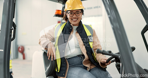 Image of Engineer woman, forklift and smile in portrait for logistics, supply chain or working in warehouse. Employee, helmet and reflective gear for safety at shipping workshop in vehicle for transportation
