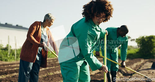 Image of Woman, farm and environment with working and agriculture work with a smile of farmer. Sustainability, plants and garden soil with agro career and plowing planning with produce and growth inspection