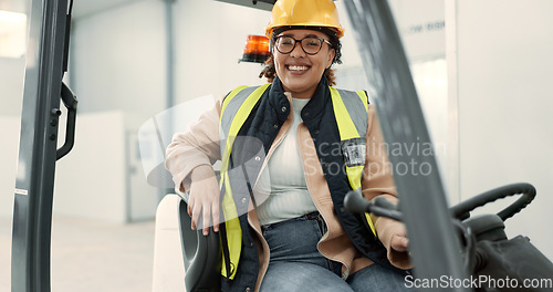 Image of Engineer woman, forklift and driver in portrait for logistics, supply chain or working in warehouse. Employee, helmet and reflective gear for safety at shipping workshop in vehicle for transportation