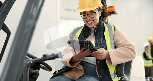 Image of Construction site, tablet and woman in forklift machine for maintenance, planning and building renovation. Engineering, vehicle and contractor on digital tech for online design, research and report