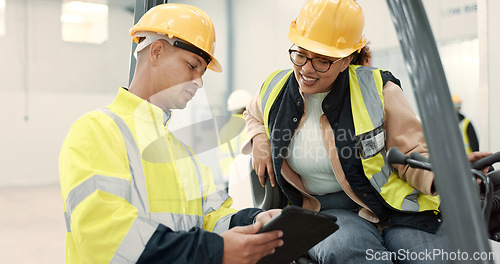 Image of Engineer woman, man and forklift on tablet for logistics, supply chain or ideas on app in warehouse. Employees, helmet and reflective gear for safety at shipping workshop, analysis and transportation