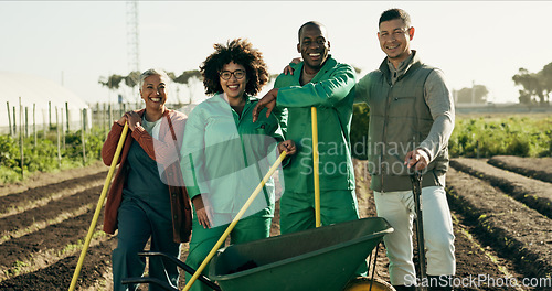 Image of Portrait, people or team for agriculture on farm with tools, wheelbarrow or equipment for planting. Diverse group, man and woman with strategy, planning or collaboration for growth in sustainability