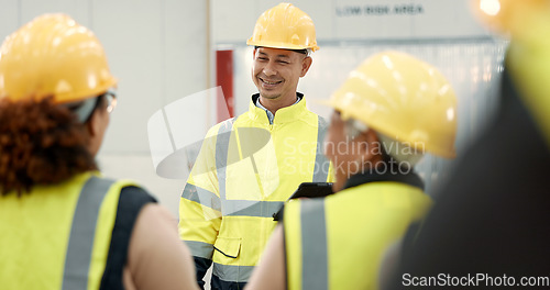 Image of Construction site, engineering and people in discussion for planning, maintenance and renovation in building. Architecture, meeting and men and women for inspection, property development and project