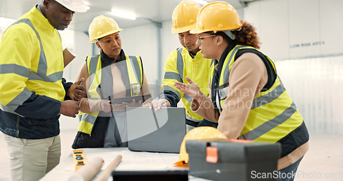 Image of Construction site, laptop and people in discussion for planning, maintenance and renovation in building. Architecture, engineering and men and women on computer for inspection, development and design