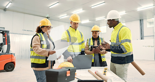 Image of Engineering meeting, people teamwork and laptop for blueprint, online construction and design in warehouse. Industrial manager on computer, floor plan documents and project management of architecture