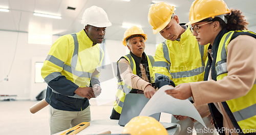 Image of Engineering, people planning and teamwork with blueprint, construction site and building design in warehouse. Industrial group talking of floor plan, project management and architecture documents