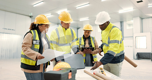 Image of Engineering group, blueprint planning and tablet at construction site, warehouse or design development, Industry people talking of floor plan on laptop, digital technology and architecture renovation