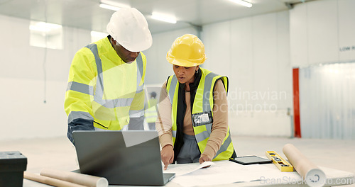 Image of Engineering people, blueprint planning and teamwork at construction site, warehouse and laptop design. Industry manager talking of floor plan development, building solution or architecture renovation