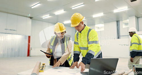 Image of Engineering people, teamwork and blueprint for construction site planning, building design and tablet in warehouse. Industrial worker and manager with digital technology, floor plan and architecture