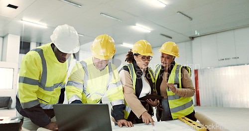 Image of Construction, laptop and people in meeting for planning, maintenance and renovation in building. Architecture, engineering and men and women on computer for inspection, online design and project