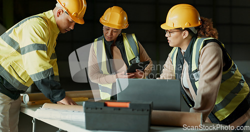 Image of Engineer, blueprint and factory people, architect or team cooperation on floor plan, renovation or planning construction. Industrial architecture, reading design and group review warehouse schematic