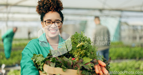 Image of Farmer, woman and vegetables box in greenhouse, agriculture and sustainability with farming portrait. Young african worker with groceries basket, green product harvest and gardening for healthy food