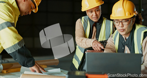 Image of Architect team, laptop and factory people cooperation on manufacturing design, online engineering or construction. Computer, group and collaboration on warehouse plant, architecture plan or project