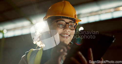 Image of Happy woman, engineer and tablet in warehouse for inspection, inventory or storage. Face of female person, architect or contractor smile on technology for quality control, communication or management