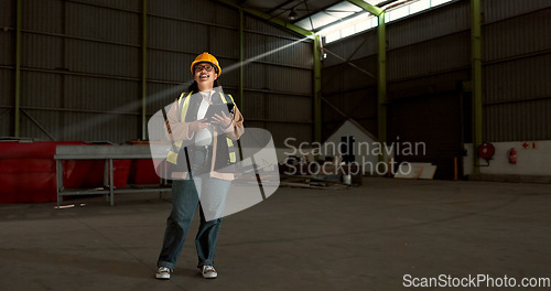 Image of Engineer woman, tablet and smile in warehouse for logistics, supply chain or thinking process with app. Employee, helmet and happy with ideas at shipping workshop, factory and vision with touchscreen