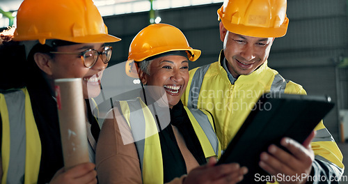 Image of Architect, tablet or happy people, warehouse group or teamwork on online design, maintenance report or engineering. Industrial engineer reading factory, architecture or renovation development project