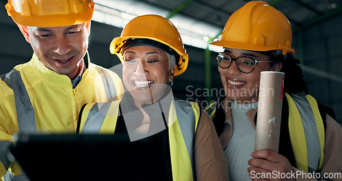 Image of Architect, tablet and happy people, factory team or group cooperation on online design, illustration or construction report. Engineer collaboration on warehouse plant, architecture plan or renovation