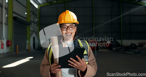 Image of Architect, tablet or factory woman, happy engineer and smile for construction design, maintenance or engineering illustration. Architecture industry, PPE or person reading warehouse renovation review