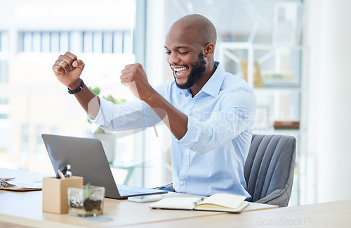 Image of Celebrating, cheering and success with a young business woman working on a laptop and closing a deal. Wow, winner and motivation with a male businessman trading crypto on the stock market and winning