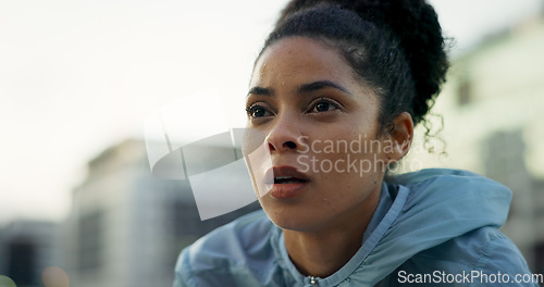 Image of Sweat, fitness and face of woman in city for rest, break and breathe after running, workout and exercise. Sports, endurance and person in town with intense training for wellness, health and challenge