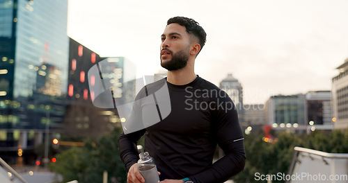 Image of Fitness, face and thinking, man in city on rest from morning workout with water bottle. Relax, breathing and tired athlete with calm urban exercise with fatigue, reflection and drink on street