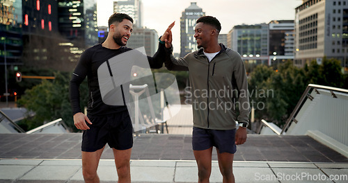 Image of Friends, men and runner with high five outdoor for fitness, exercise or city training during workout. Athlete, people and hands together for team building, happiness and support for running challenge