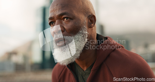 Image of Senior fitness, breathing and tired man in city for training, cardio or intense run outdoor. Sports, fatigue or elderly male runner stop to breath after running, exercise or marathon practice workout