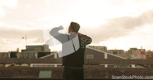 Image of Man, runner and smart watch on bridge for exercise time, fitness progress or training goal. Male person, athlete or hand wrist clock for tracking growth for workout in morning, steps in city street