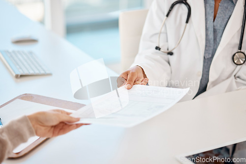 Image of Healthcare, medicine and prescription medication with a doctor and patient in a consult during an appointment. Medical aid or care, insurance and history or background of illness in a hospital