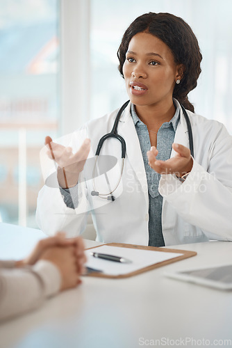 Image of Doctor consulting, explaining diagnosis and medical checkup with patient in a clinic. Trusted healthcare worker, physician and gp screening, talking and discussing medicine, health and test feedback