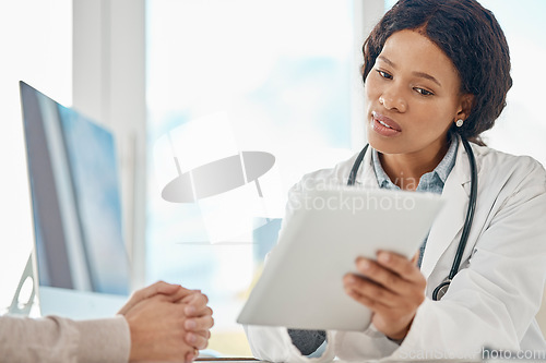 Image of Tablet test results, doctor and patient talking in medical consultation, checkup and visit in clinic, hospital and healthcare center. Gp discussing treatment options and medicine side effects on tech