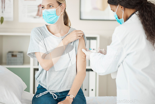 Image of Covid vaccine at hospital, sick woman wearing face mask to prevent risk of virus and medical doctor giving injection during checkup at clinic. Female gp doing health test and protecting from disease