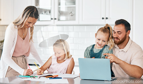 Image of Mother and father helping daughters with homework together in the kitchen of a happy family house. Mom, dad and education writing with kids using teamwork. Smile, parents and school children studying