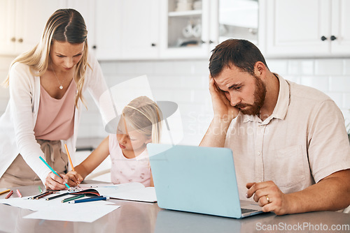 Image of Student writing homework in book with mother, people looking stressed working on tech laptop and family suffering with quarantine stress. Parent teaching girl education and man sitting with headache